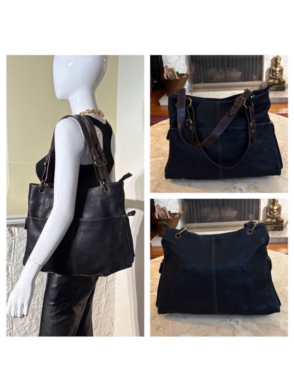 Classic Black & Brown Leather Hobo Shoulder Bag